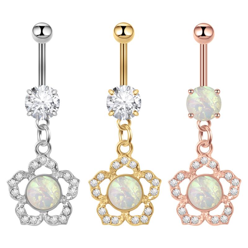 臍ピアス ユニセックス 男女兼用 ステンレス 錆びにくい オパール 花 フラワー リボン ボディピアス へそピアス 欧米風 レトロ調 アンティーク調 スチール ゴールド ローズゴールド