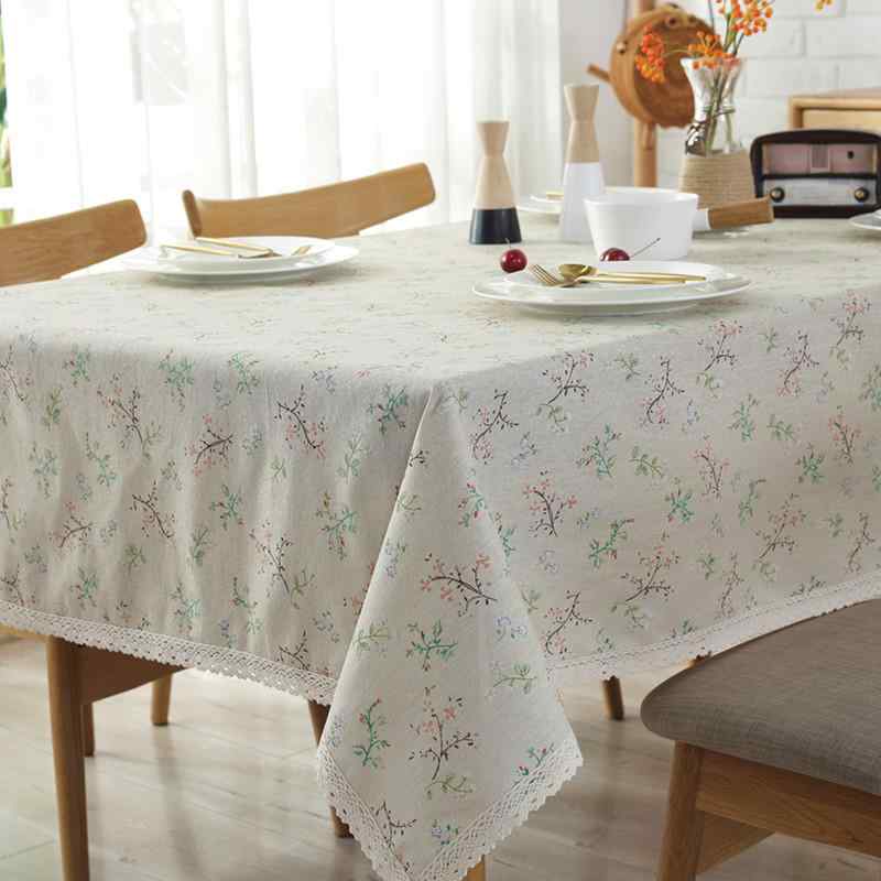 テーブルクロス 小花柄 綿麻 コットンリネン ダイニングテーブル リビング用 コーヒーテーブル 防塵 汚れ防止 フリル レース付き ナチュラル カントリー調 おしゃれ 家庭用