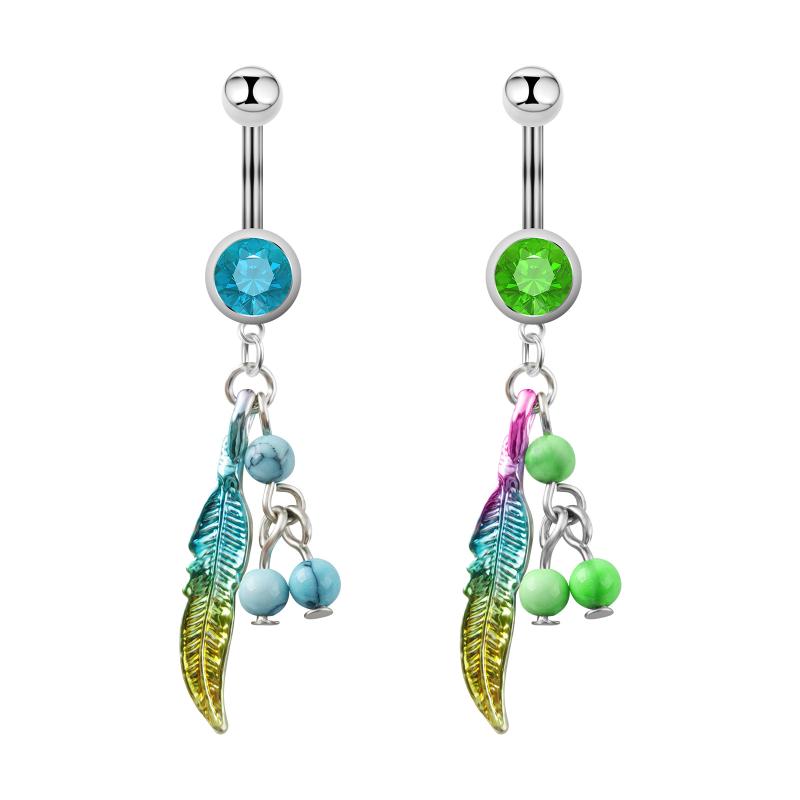 へそピアス ユニセックス サージカルステンレス リーフ タッセル ビーズ リボン ボディジュエリー 電気メッキ加工 ブルージルコニア グリーンジルコニア