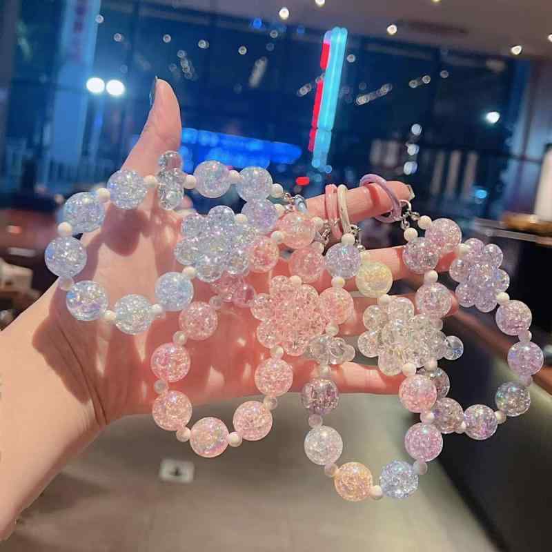 スマホストラップ レディース 韓国風 かわいい クリア アクリル クラック模様 ビーズ 花 ハンドストラップ バッグチャーム キーホルダー DIY ピンク ブルー パープル カラフル