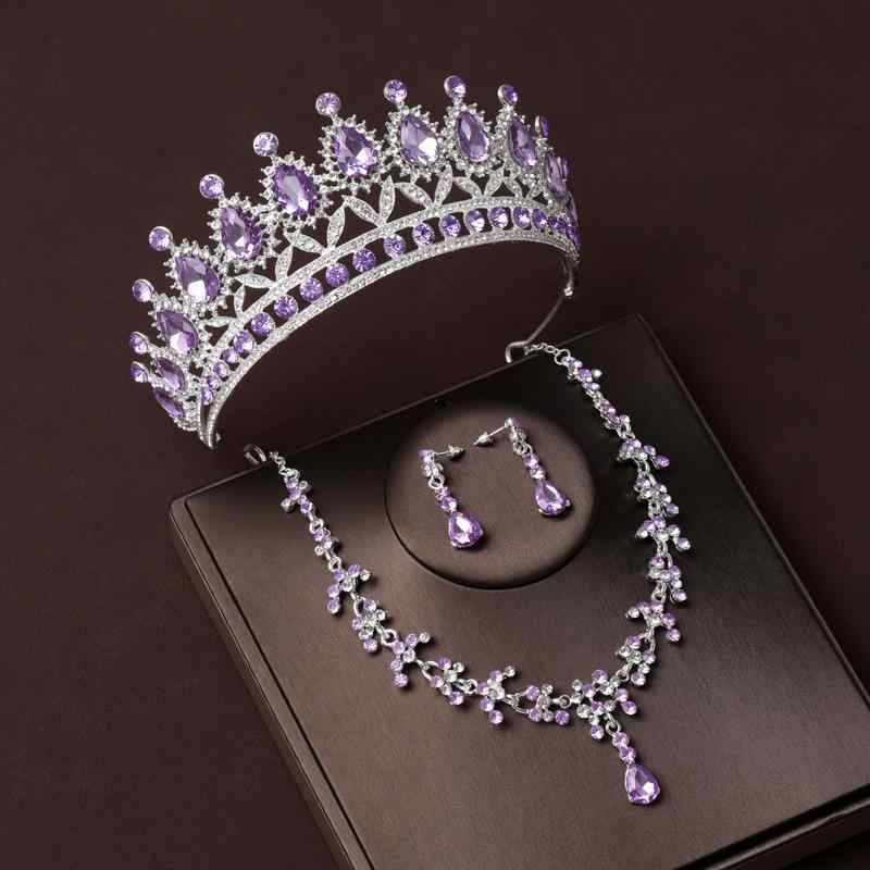 王冠 レディース 欧米風 レトロ調 花嫁 ウェディング 結婚式 パーティー イベント 発表会 舞台 成人式 誕生日用 紫色ジルコニア 電気メッキ加工 合金製 高級感 豪華 ゴージャス 華やか エレガント 大人プリンセス 3点セット
