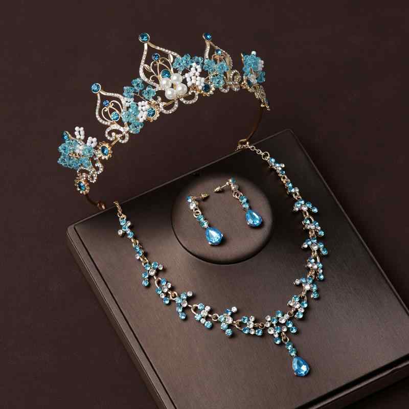 ヘッドドレス レディース バロック風 電気メッキ加工 合金製 豪華 大粒 クラウン 王冠 花嫁 ブライダル ウェディング 結婚式 披露宴 二次会 パーティー ドレス ネックレス イヤリング 3点セット ブルー
