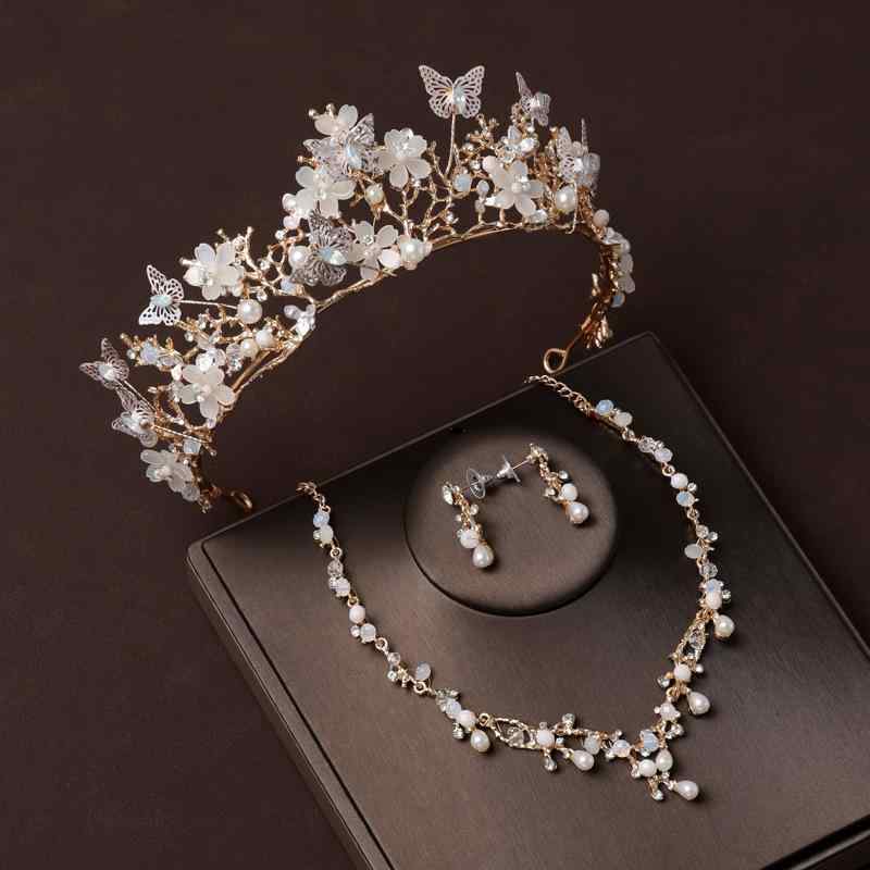 ブライダルアクセサリー レディース 花嫁 高級感 電気メッキ加工 クラウン ティアラ 3点セット ウェディング 結婚式 ヘッドドレス ネックレス 蝶々 髪飾り ナチュラル