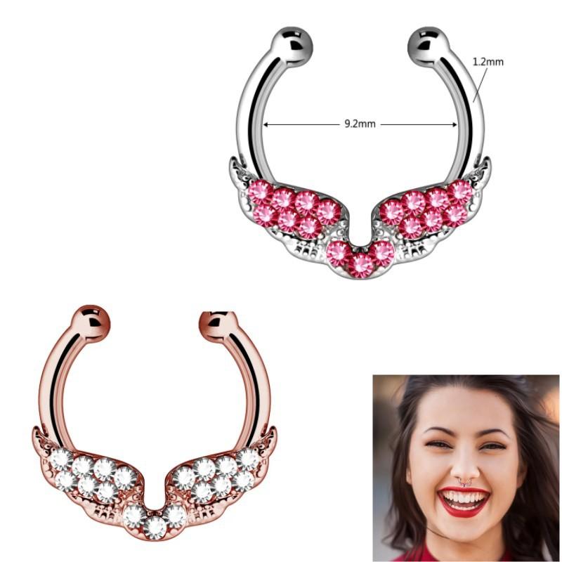 鼻ピアス 男女兼用 ノンホール ノーズクリップ 痛くない 挟むだけ フェイクピアス ステンレス製 翼 羽根 ハート 天使 ジルコニア ラインストーン 欧米風 ファッション 鼻飾り