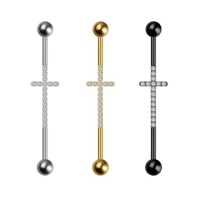 ピアス メンズ レディース 兼用 チタン鋼 ジルコニア ブリッジ ダブルホール 2連 ロング軟骨 クロスモ..