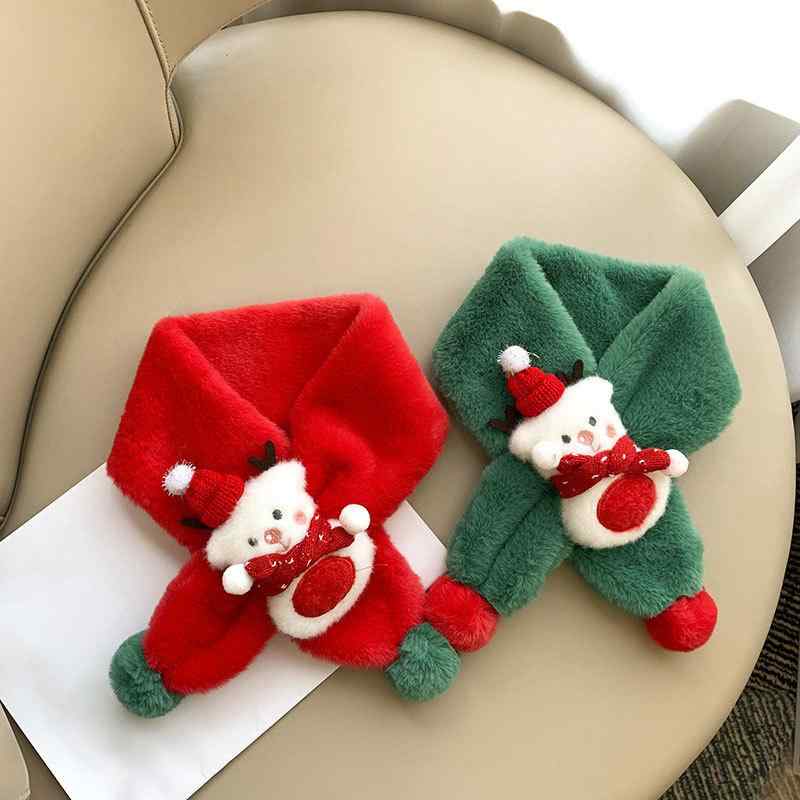 キッズ マフラー ネックウォーマー 冬用 防寒 保温 クリスマス トナカイ キャラクター ポンポン レッド..