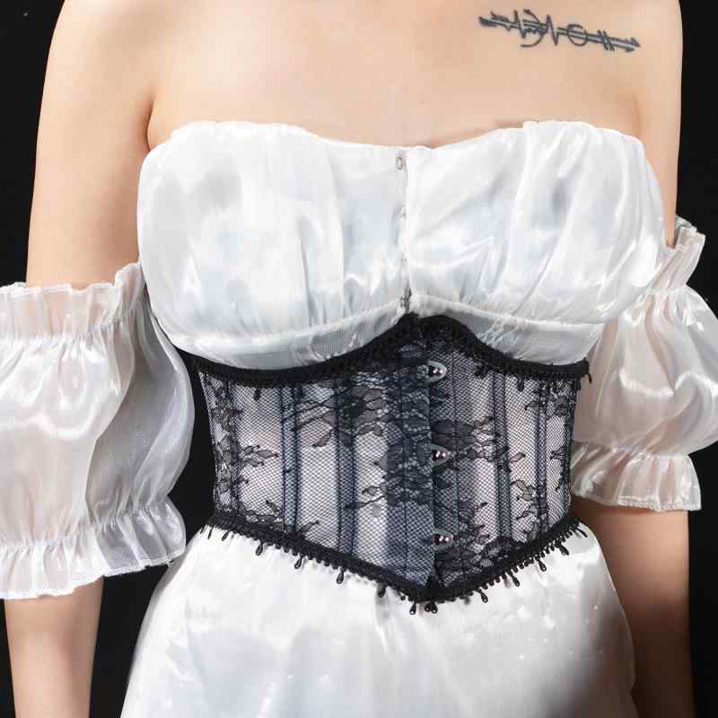 コルセット ロリータ風 ウエストニッパー 16cm丈 薄手 ボーン入り 3連バックル チュール レース 牡丹柄..