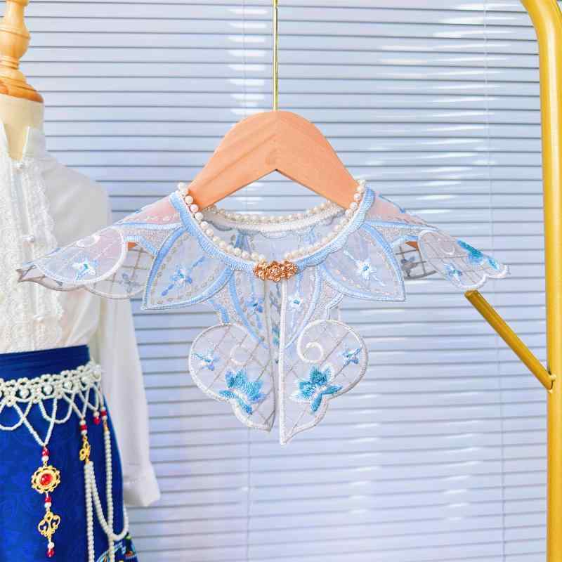 付け襟 子供 キッズ 刺繍 花柄 レース フリル 中国風 漢服 馬面 雲肩 ポリエステル シルク調 パール ビ..