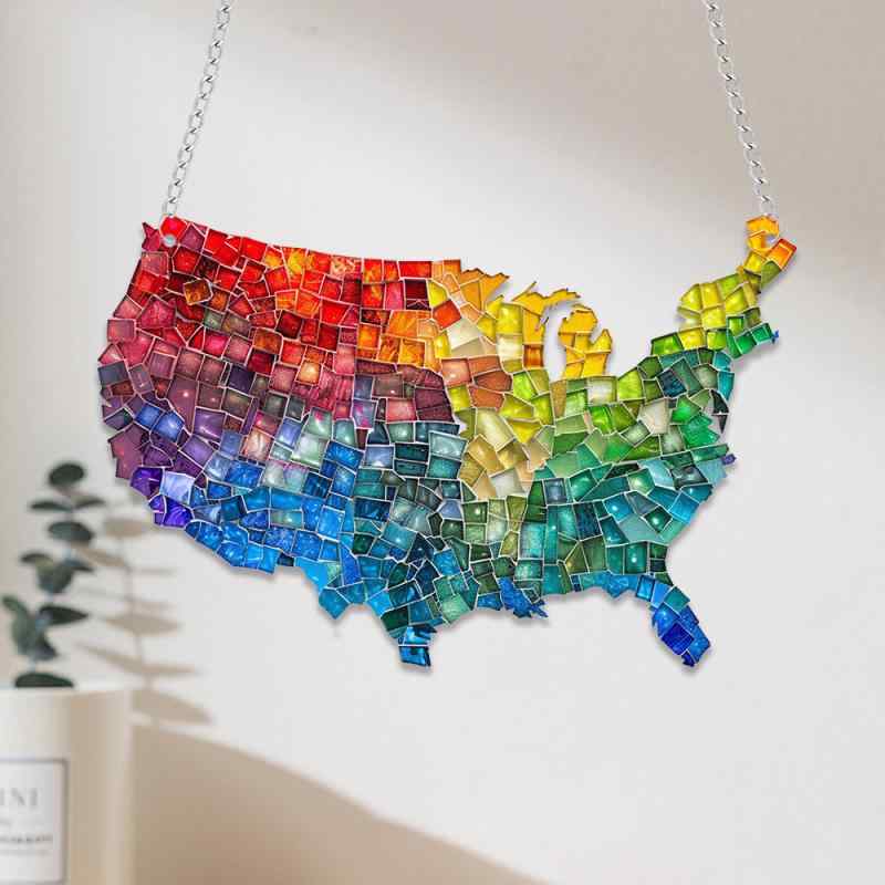 オーナメント アメリカ独立記念日 地図デザイン アクリル製 カラフル 窓飾り リビング 玄関 ポーチ イ..