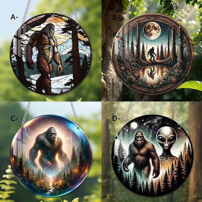 チャーム 個性的デザイン エイリアン ゴリラ UFO カラフル アクリル ディスク型 チェーン付き 窓飾り ポーチ飾り ドア飾り 車内飾り インテリアペンダント(x2)