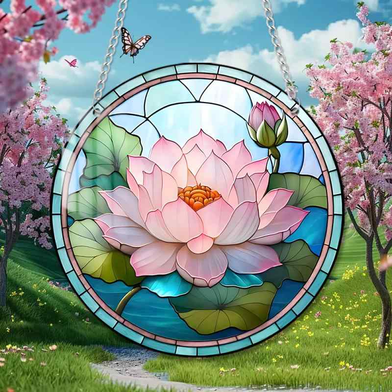 ガーデンオーナメント アクリル製 円形 蓮 蓮の葉 ボタニカルデザイン チェーン吊り下げ 軽量 透明感 屋外 ガーデニング 庭 玄関 ウォールデコレーション ナチュラルテイスト(x2)