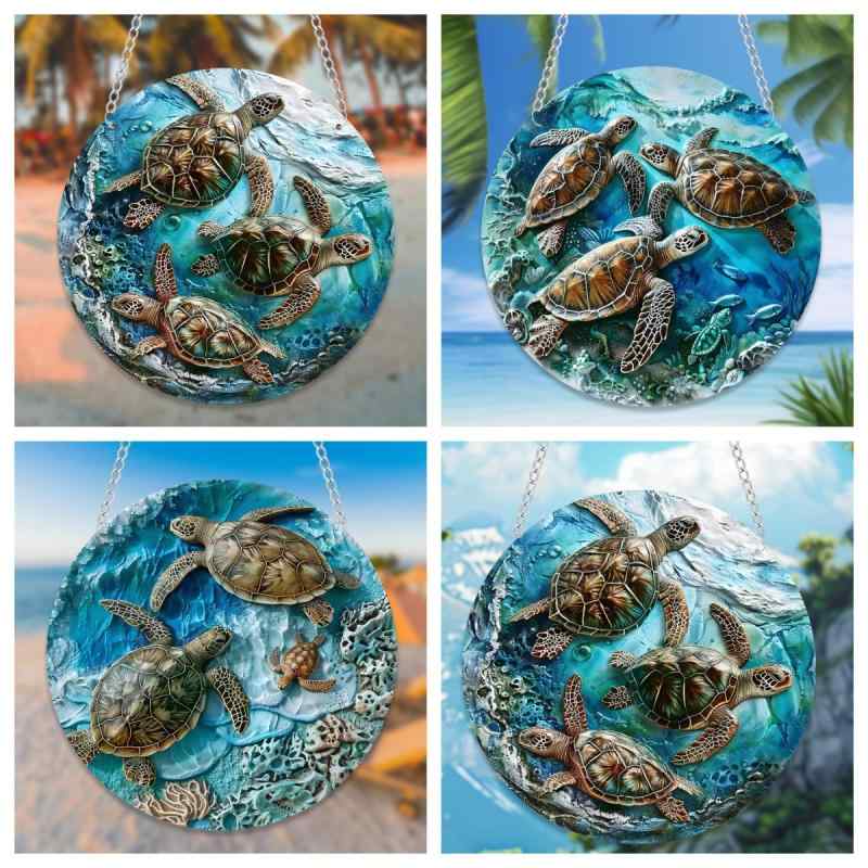 吊り下げ飾り アクリル ウミガメ 動物モチーフ ビーチ 春夏 アウトドア 車用 インテリア 壁掛け ウォールデコ チェーン 円盤 印刷 オリジナルデザイン(x2)