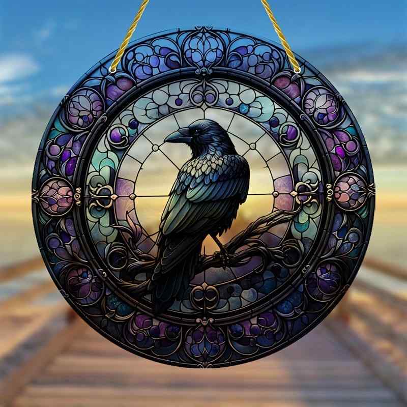窓飾り ステンドグラス風 アクリル製 烏 枝にとまる 吊り下げオーナメント インテリア雑貨 おしゃれ ゴシック調 デザイン 個性的 窓辺 装飾品(x2)
