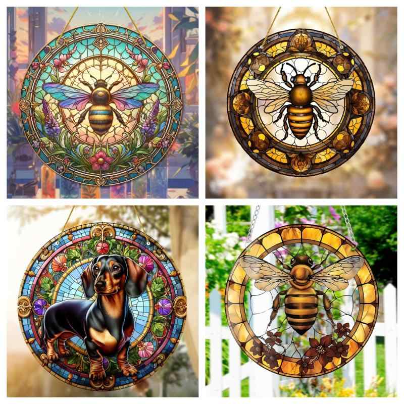 リース 春の ウォールデコレーション アクリル ミツバチ カラフル ステンドグラス風 玄関 ポーチ 窓辺 室内 屋外 吊り下げ 壁掛け おしゃれ かわいい インテリア オーナメント(x2)