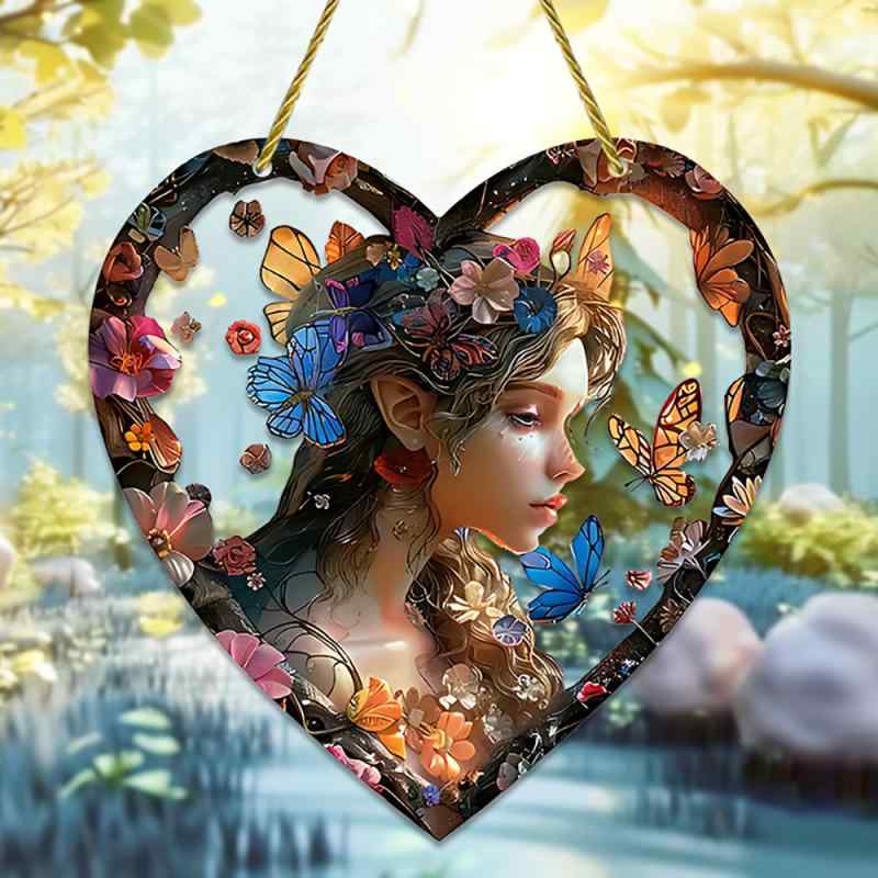 インテリア小物 幻想的 美しい フラワーフェアリー 花の妖精 アクリル製 ハート型 三日月 カラフル サンキャッチャー レトロ ヴィンテージ 玄関 ポーチ 屋外 吊り下げ飾り(x2)