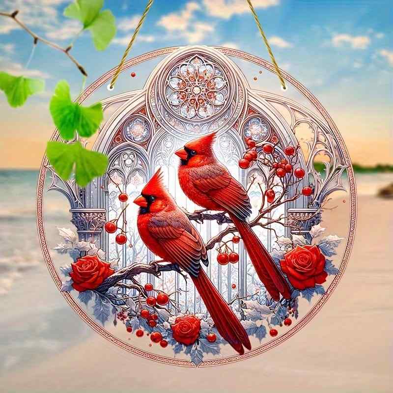 オーナメント カーディナル アクリル 丸型プレート 鮮やか 美しい カラフル 窓 玄関 ポーチ ベランダ 吊り下げ 飾り インテリア デコレーション(x2)