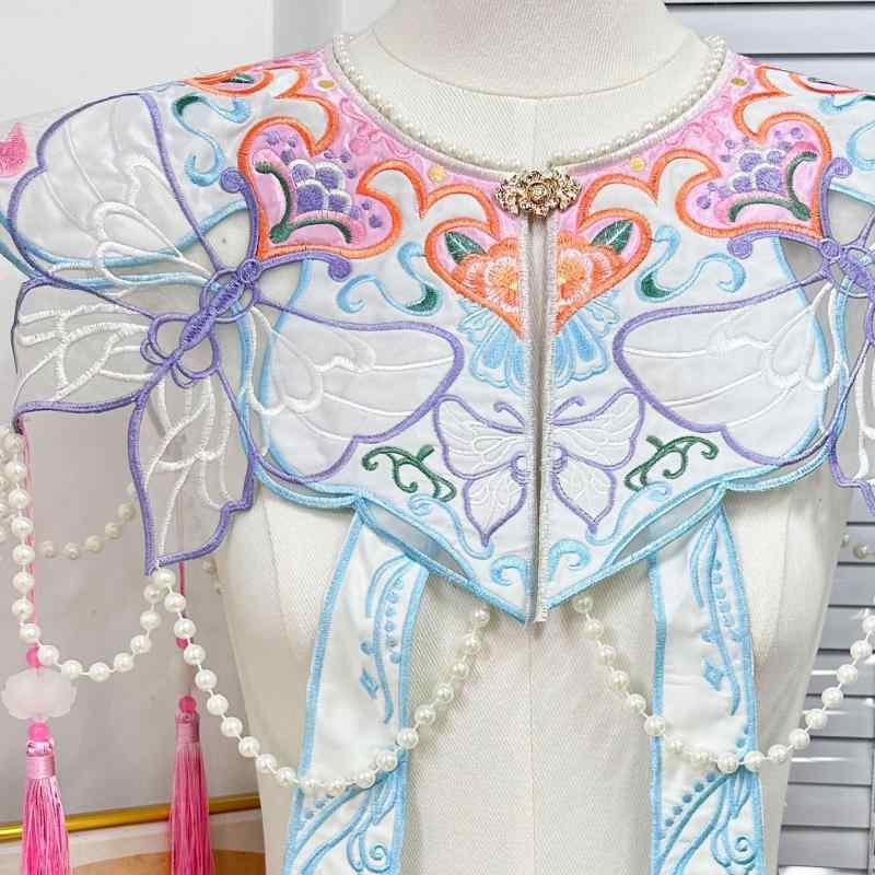 付け襟 ショール キッズ 漢服スタイル 和風 古風 雲肩デザイン 刺繍 猫モチーフ 花飾り パール ビーズ ..