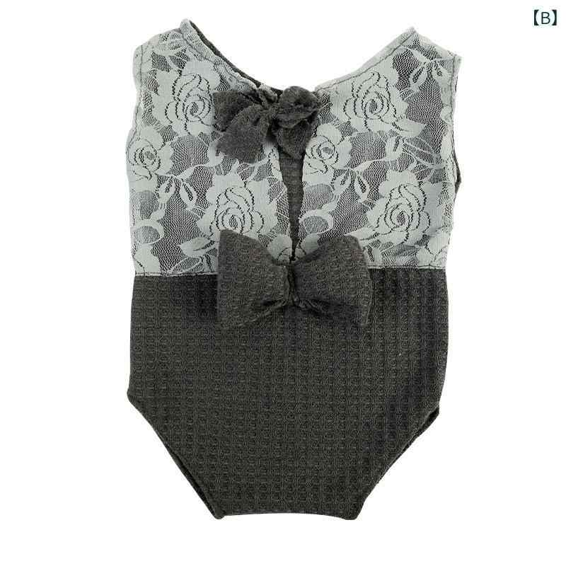 ベビー ロンパース 新生児 レース 切り替え 蝶結びデザイン 無地 写真撮影用 衣装 服装小物 ベビーフォト 記念日 出産祝い ギフト ピンク グレー ベージュ ホワイト 3