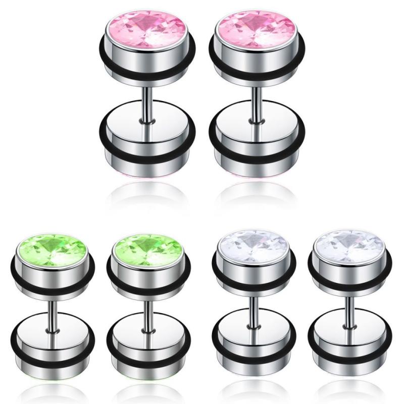 ピアス 男女兼用 ステンレス製 電気メッキ 円柱 ダンベル型 幾何学モチーフ 個性的 輝くジルコニア ホワイト ピンク グリーン カジュアル おしゃれ 普段使い プレゼント(x2)