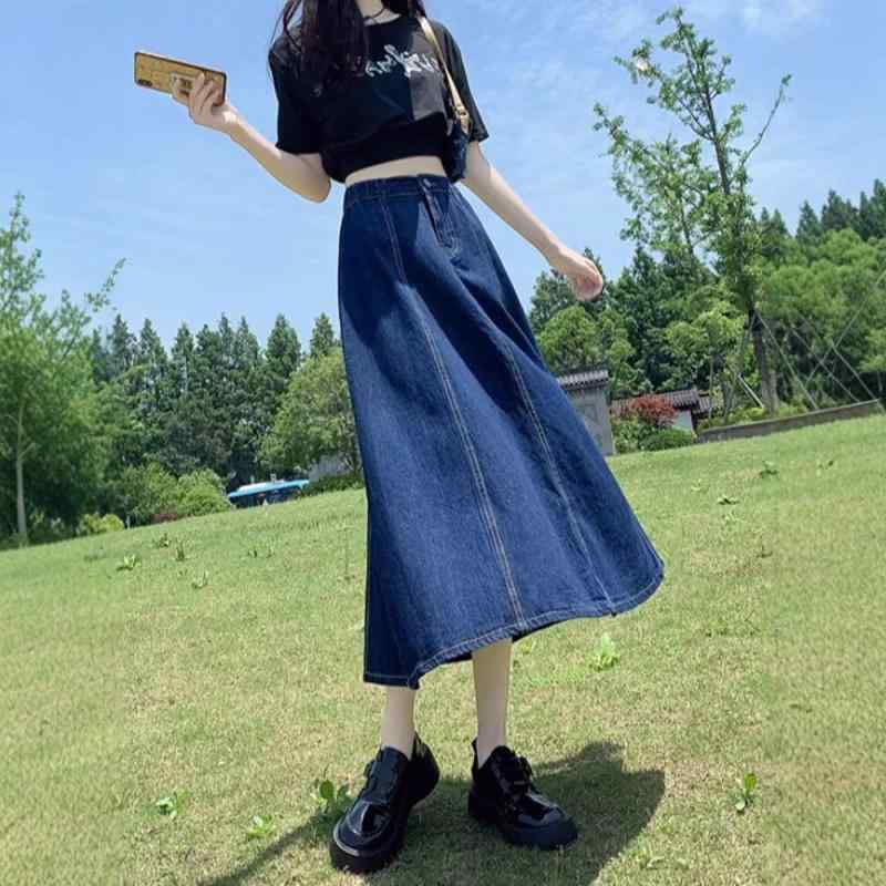 レディース デニムスカート ミディ丈 Aライン フレア プリーツ バックゴム 大きいサイズ ゆったり 綿混 微ストレッチ カジュアル