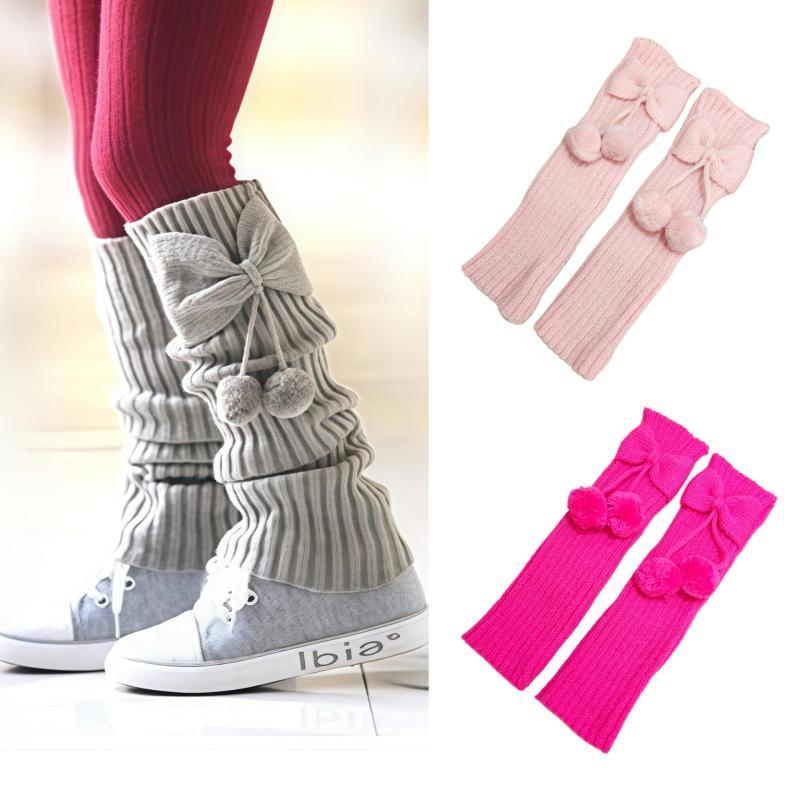 レッグウォーマー キッズ 女の子 アクリル ニット あったか 保温 防寒 リボン ポンポン付き くしゅくしゅ ルーズソックス風 ニーウォーマー ひざ丈 小中学生 秋冬 カジュアル 無地 通学 普段使い(x2)