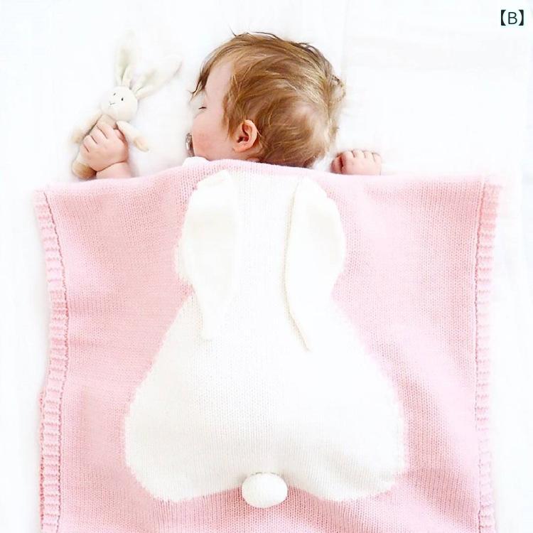 おくるみ ベビー 冷房対策 ニット 立体 うさぎ耳 毛布 赤ちゃん 春秋 アクリル かわいい 新生児 幼児 グレー ピンク イエロー ブルー 3