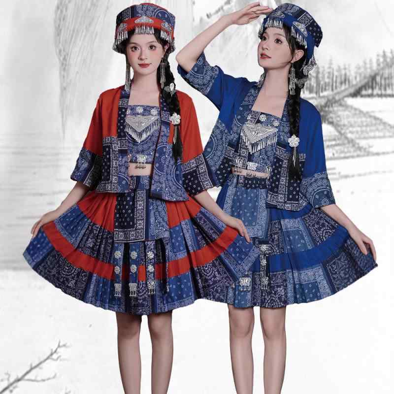民族衣装 レディース オリジナル 苗族衣装 湘西少数民族 広西ヤオ族 貴州トン族 ロケ撮影 舞台衣装 ステージ服 パフォーマンスウェア ポリエステル素材