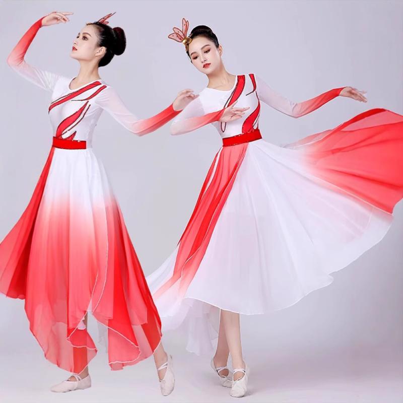 ダンス衣装 レディース 優雅 軽やか 古典舞踊 中国風 傘舞 扇子舞 現代 オープニング 発表会 舞台 合唱団向け ロング丈 ピンク