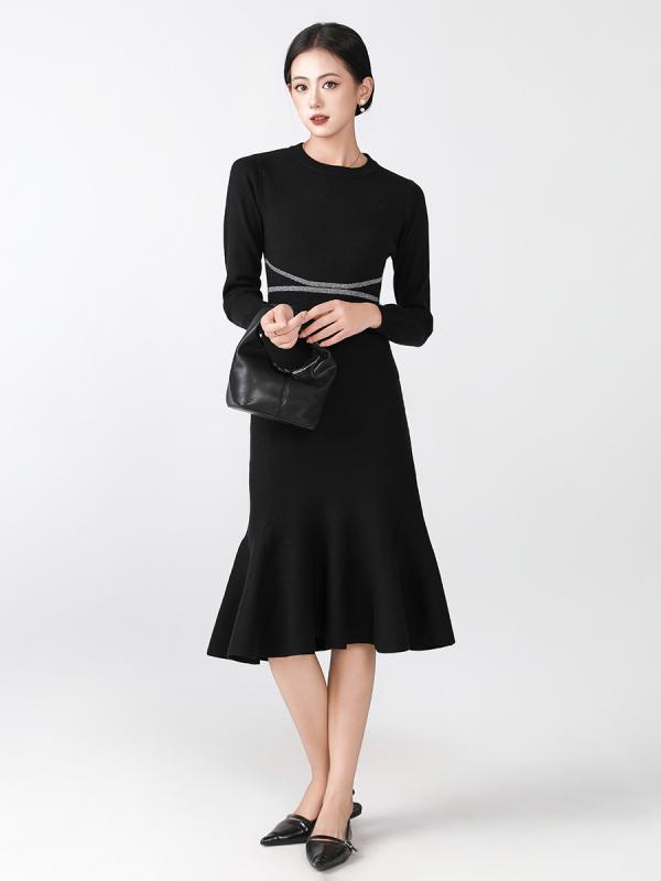 ワンピース レディース 高級感 スタイルアップ ウエストマーク ハイウエスト 長袖 ニット ラウンドネック マーメイドライン ジルコニア柄 黒 秋冬 ビスコース素材 通勤