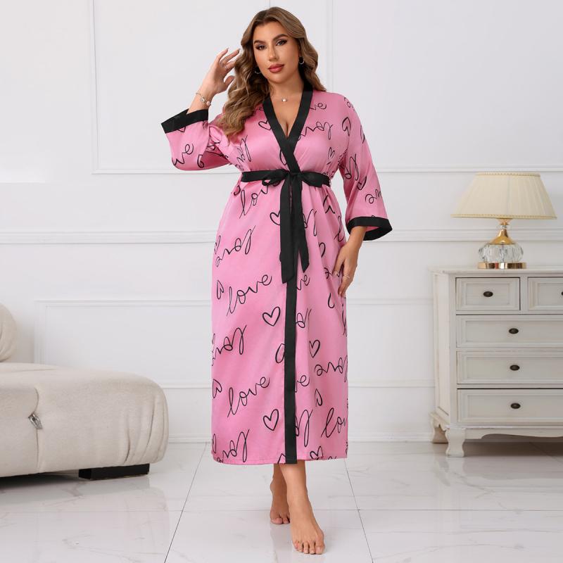 ルームウェア レディース 大きいサイズ ゆったり サテン ハート柄プリント Vネック ガウン カジュアル エレガント 快適 ワンマイルウェア 外出着 オールシーズン