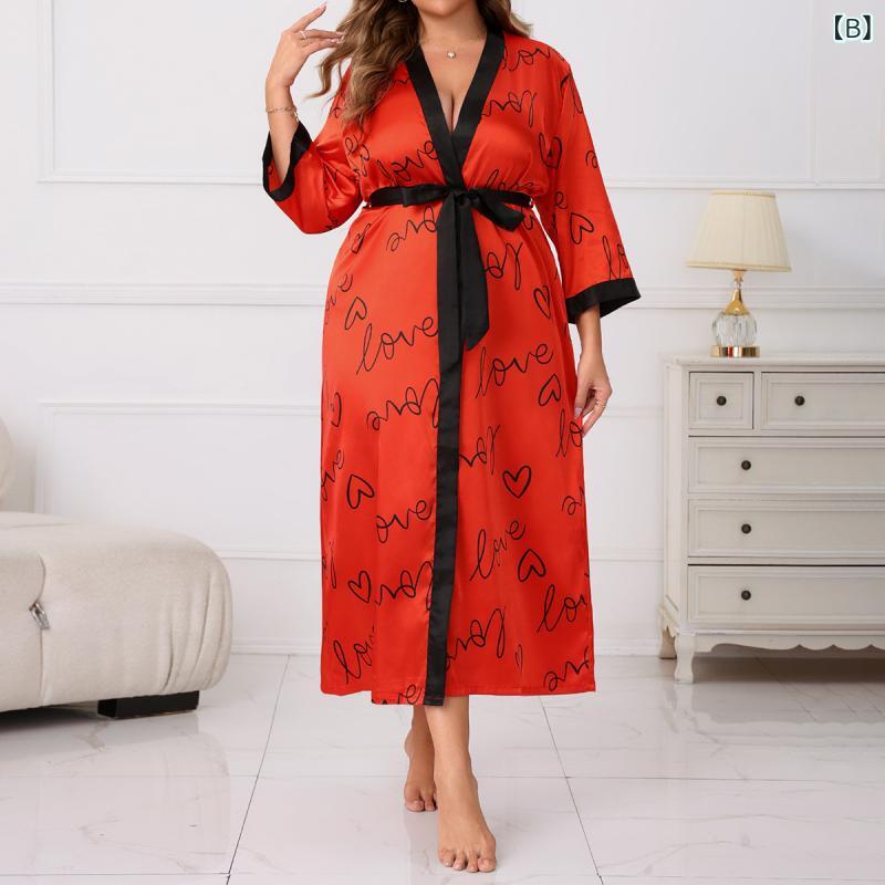 ルームウェア レディース 大きいサイズ ゆったり サテン ハート柄プリント Vネック ガウン カジュアル エレガント 快適 ワンマイルウェア 外出着 オールシーズン