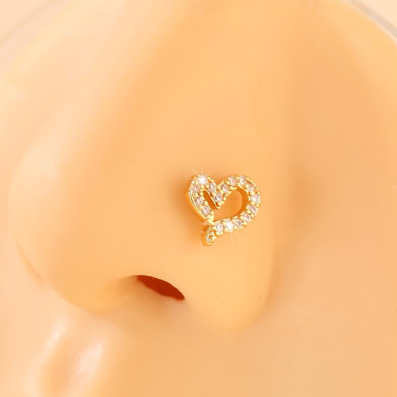鼻ピアス レディース 女性用 銅製 ジルコニア ハートモチーフ 高級感 かわいい おしゃれ ファッション ノーズリング 電気メッキ ゴールド
