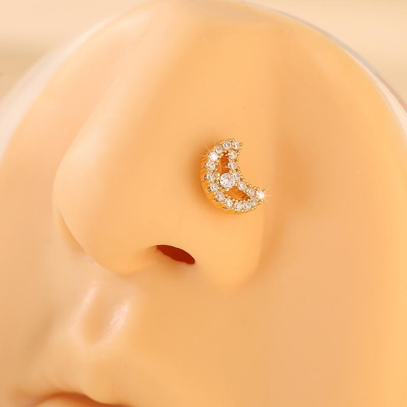 鼻ピアス レディース 女性用 銅製 ジルコニア 埋め込み 月 ムーン 電気メッキ エレガント スイート かわいい おしゃれ ファッション オフィス カジュアル 鼻リング 鼻スタッド ボディピアス アクセサリー ジュエリー ゴールド 金