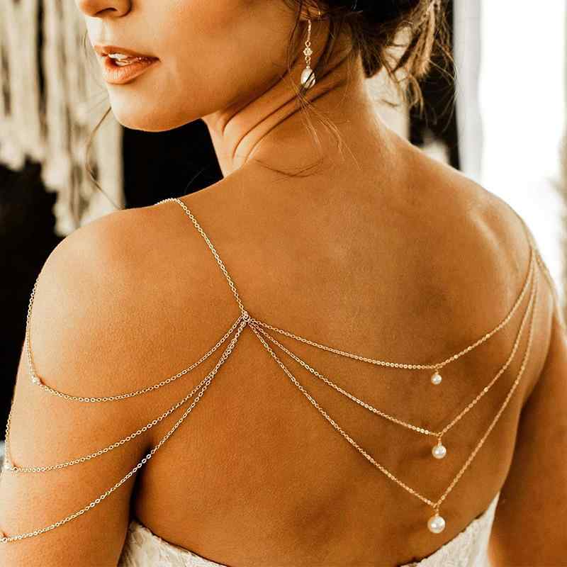 ボディチェーン レディース パンク風 多層 パール 肩背中飾り ブライダル ハンドメイド 欧米風 結婚式 ..