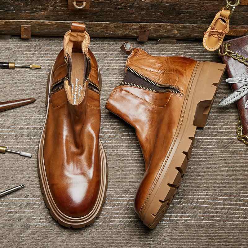 ブーツ メンズ ウォッシュ加工 馬革 ホースレザー 本革 スリッポン 厚底 チェルシーブーツ ショートブーツ レトロ カジュアル ラバーソール 豚革裏地 ダークブラウン ブラック