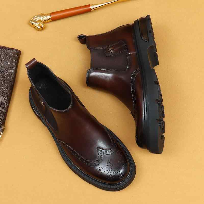 チェルシーブーツ メンズ 身長アップ 厚底 エアソール 本革 通気性 保温性 ビジネス カジュアル 通勤 ブローグ 英国風デザイン ラバーソール ラウンドトゥ 冬 黒 ブラック コーヒー ブラウン