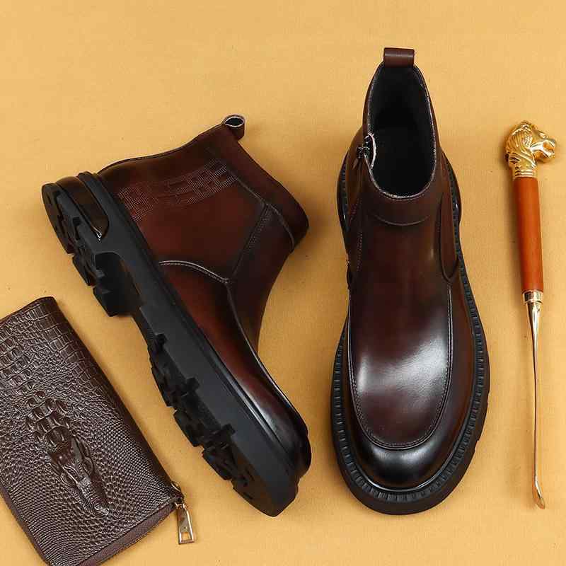 チェルシーブーツ メンズ ショート丈 本革 牛革 厚底 エアクッション 滑り止め 衝撃吸収 スリッポン 通気性 保温 ビジネス カジュアル 通勤 冬 ラウンドトゥ