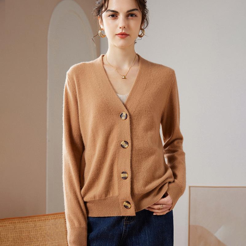 カーディガン レディース Vネック カシミヤ 100% ニット ゆったり ショート丈 保温 あったか 無地 オフィス カジュアル 通勤 羽織り(3)