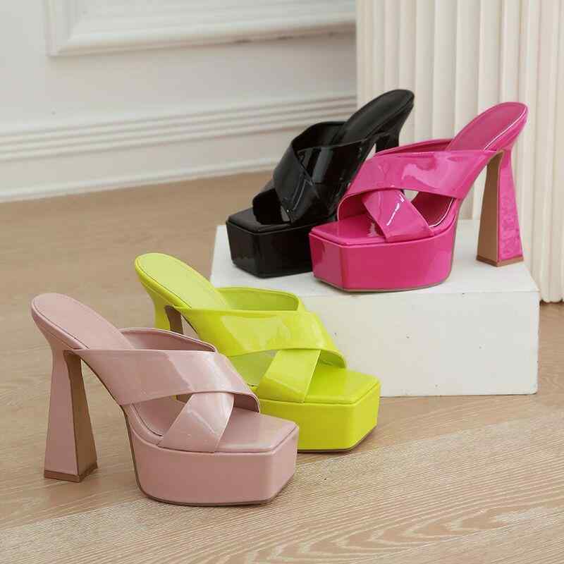 サンダル レディース ハイヒール 太ヒール チャンキーヒール ミュール エナメル パテントレザー キャン..