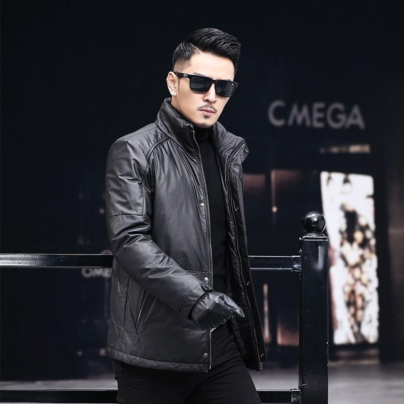 メンズ ダウンジャケット 厚手 防寒 保温 ショート丈 スタンドカラー 本革 海寧ラ...