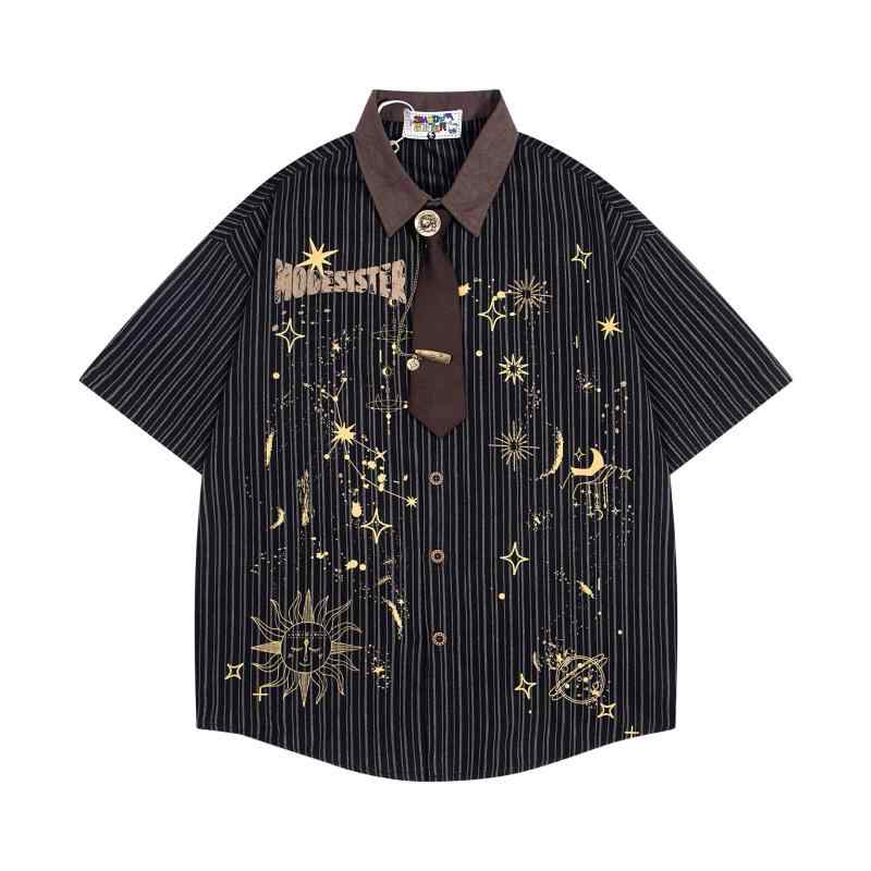 Long-Sleeve （Shape Holding） - シャツ メンズ 春夏 レトロ 星空柄 縦ストライプ タイデザイン 半袖 ゆったり ビッグシルエット 綿100% ウォッシャブル カジュアル アメカジ ストリート