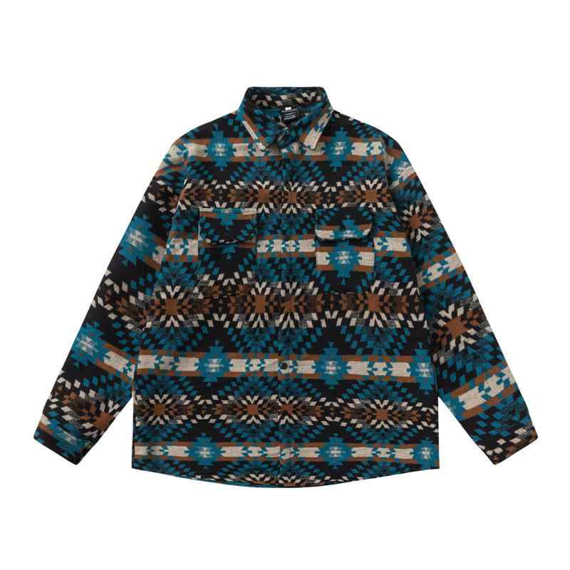 シャツ メンズ ゆったり オーバーサイズ ドロップショルダー レトロ 民族調 総柄 プリント メルトン ウール調 秋冬 ペアルック カップル カジュアル ブルー