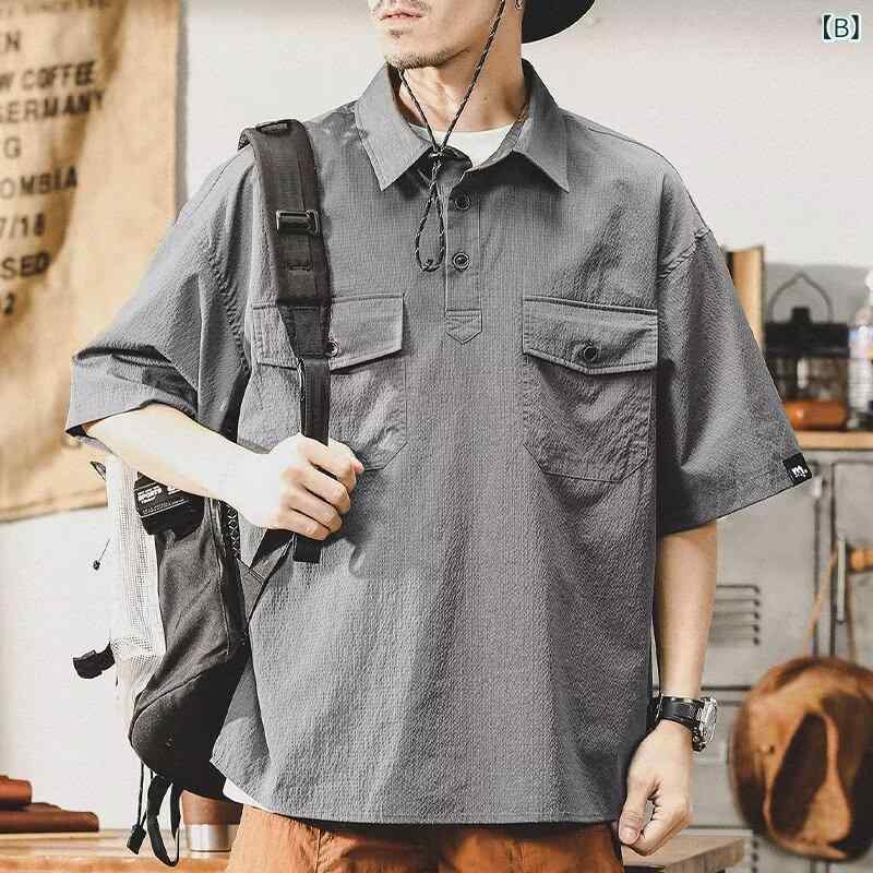 ポロシャツ メンズ 接触冷感 薄手 ゆったり 半袖 プルオーバー アメリカン レトロ ワークシャツ 切り替えデザイン 春夏 ビジネスカジュアル デイリーウェア ポリエステル混紡