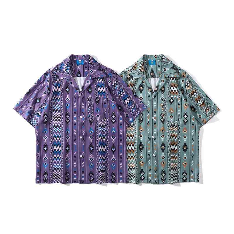 楽天セキュアデポシャツ メンズ 古着風 ヴィンテージ エスニック ストライプ柄 半袖 ゆったり オーバーサイズ スクエアカラー カジュアル ストリート おしゃれ サラサラ ポリエステル 夏物 パープル グレーグリーン