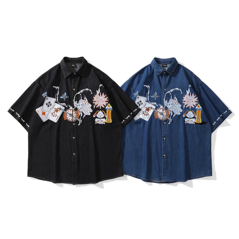 シャツ ユニセックス アメカジ キャラクター 刺繍 デニム 半袖 ゆったり オーバーサイズ 個性派 遊び心..