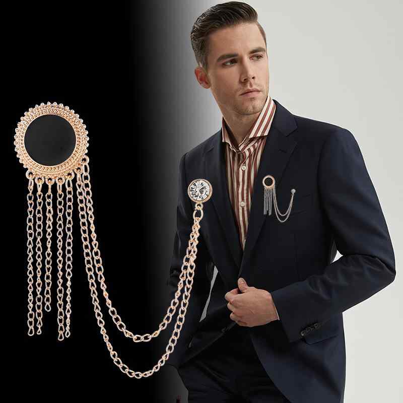 ブローチ メンズ 欧米ファッション風 黒色 円形 チェーン タッセル スーツ用 フォーマル シンプル 万能..