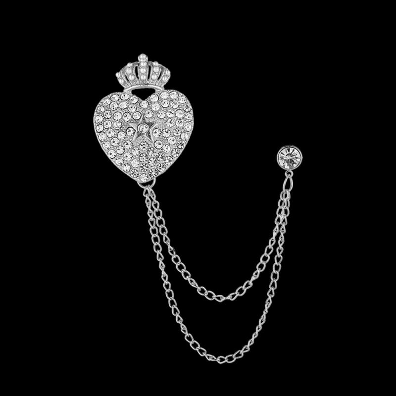 ブローチ ユニセックス フルラインストーン ハート 王冠 クラウン 高級感 メタル チェーン フリンジ タッセル ジャケット スーツ