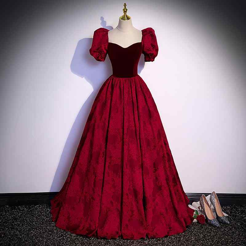 ドレス レディース 宮廷風 フレンチ パフスリーブ スクエアネック ロング丈 マキシ丈 結婚式 披露宴 二次会 パーティー 謝恩会 上品 エレガント 華やか フォーマルウェア ウエストマーク タイトシルエット ワインレッド