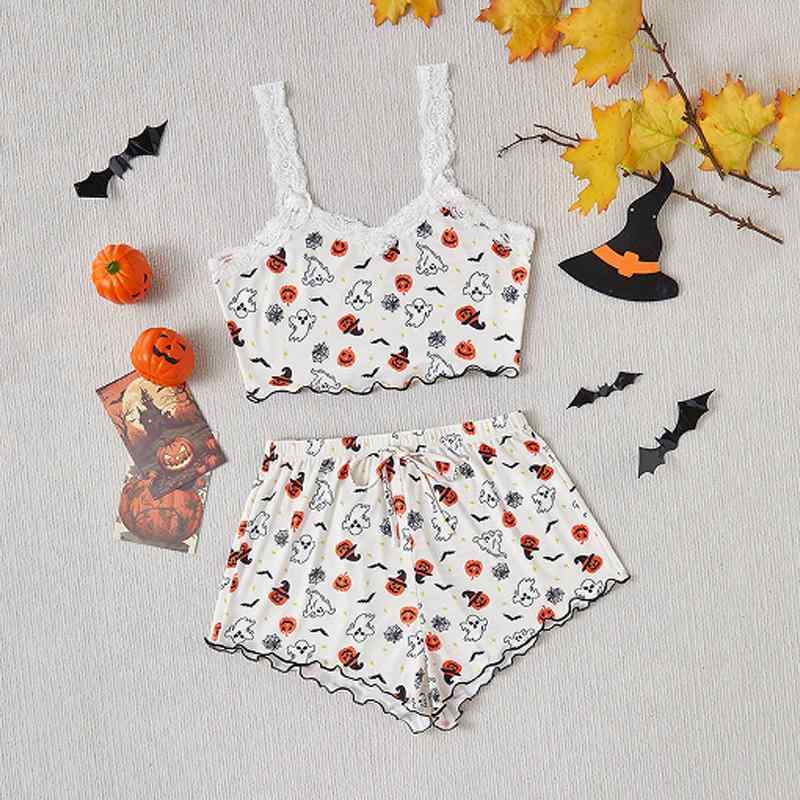 ナイトウェア レディース 薄手 涼しい 快適 通気性 欧米風 セクシー レース Vネック ノースリーブ キャミソール ショートパンツ ハロウィン柄 ルームウェア 部屋着 上下2点セット 春夏