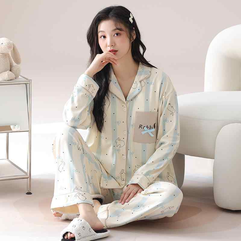 ルームウェア レディース 春秋 パジャマ セットアップ 綿100% コットン 胸パッド付き 長袖 前開き 襟付き かわいい 部屋着 快適 リラックス ワンマイルウェア ロングパンツ